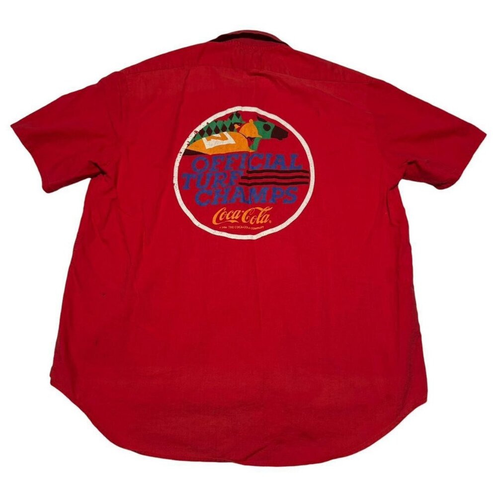 1985 Coca Cola Official Turf Champs Logo Red Snap Shirt Adult Medium